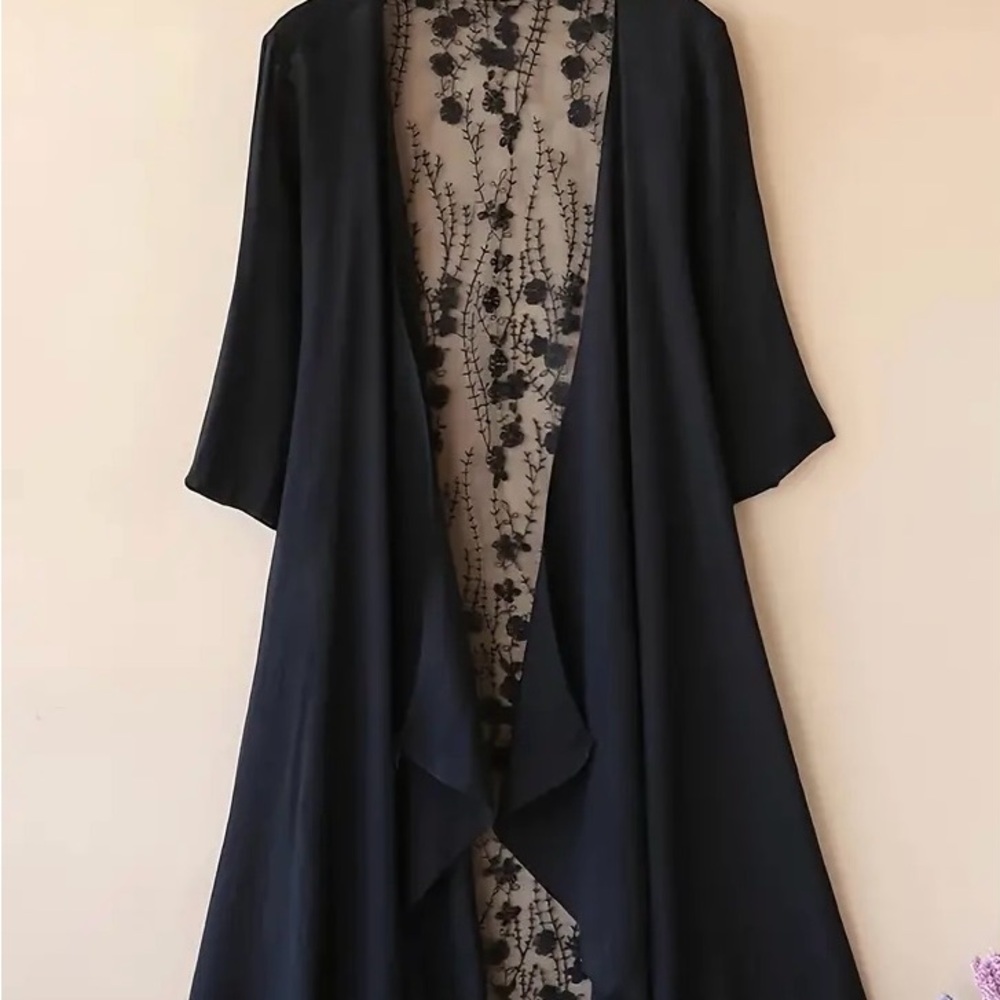 Black Floral Embroidered Kimono Cardigan